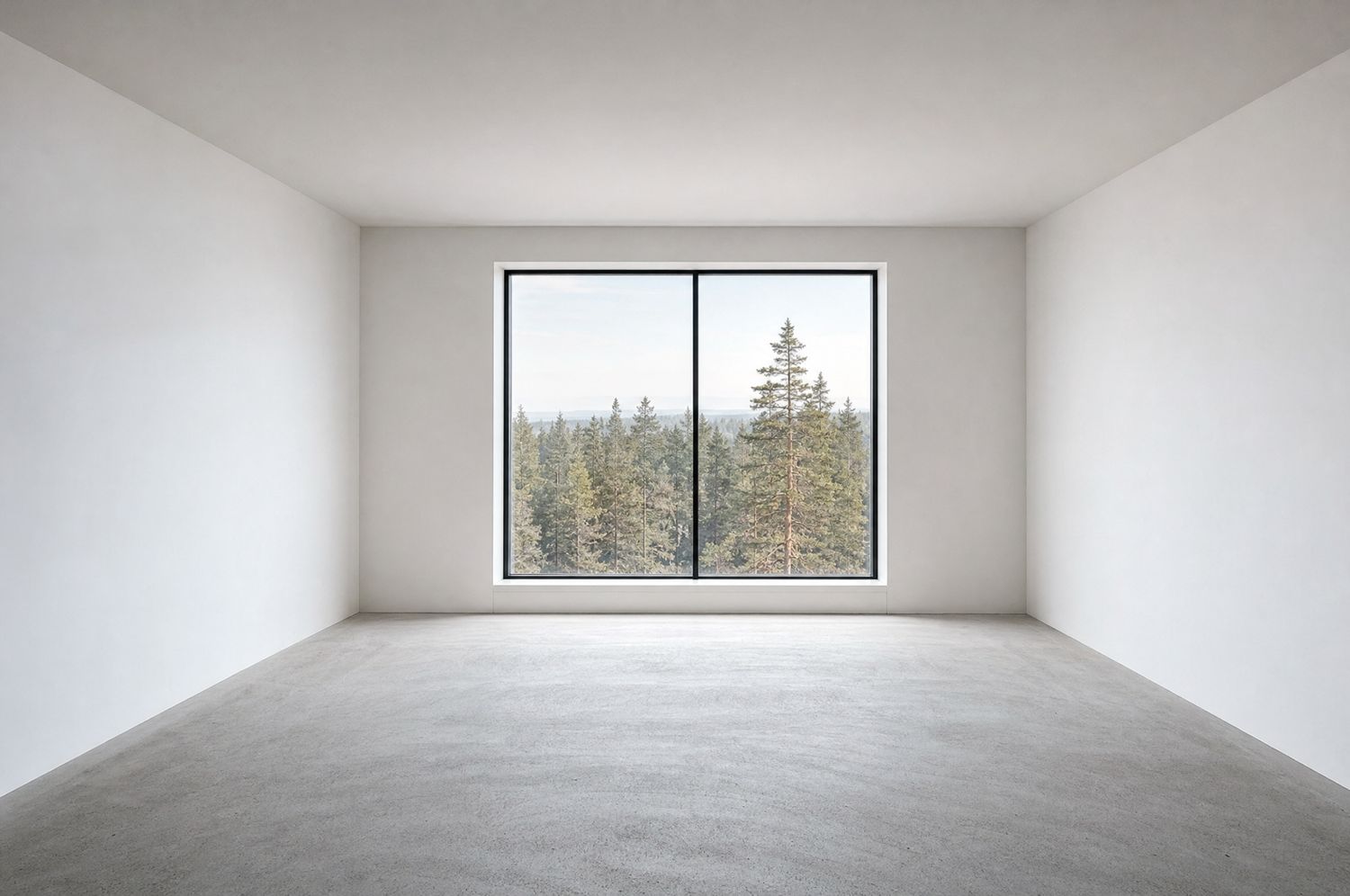 Fertiger leerer Raum mit vollkommen glatten weißen Wänden und großem Fenster
